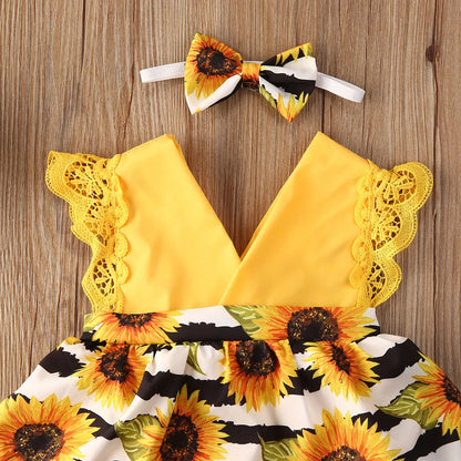 Newborn Baby Girl Clothes Lace Ruffle Sunflower Print Romper Headband 2Pcs Summer Sleeveless Outfits Sunsuit for 0-24Months