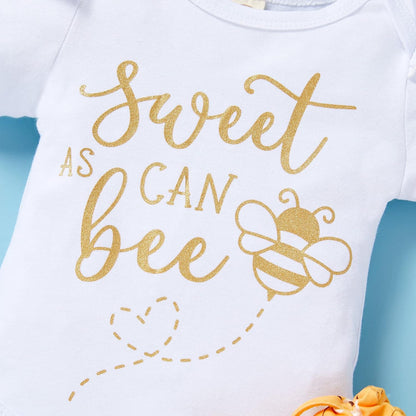 Infant Baby Girl Bumble Bee Clothes Letter Print Romper Honey Bees Pants Bowknot Headband Outfits Set