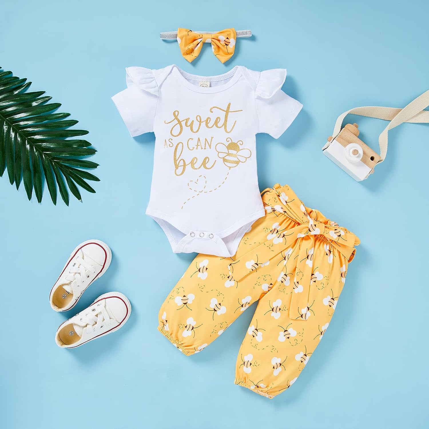 Infant Baby Girl Bumble Bee Clothes Letter Print Romper Honey Bees Pants Bowknot Headband Outfits Set